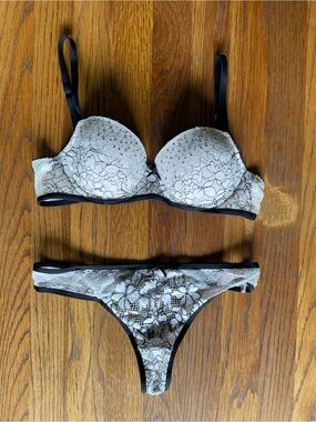 Victoria’s Secret Lace Trim Bra with Jewels & Thong Set in Ivory with Black Trim
